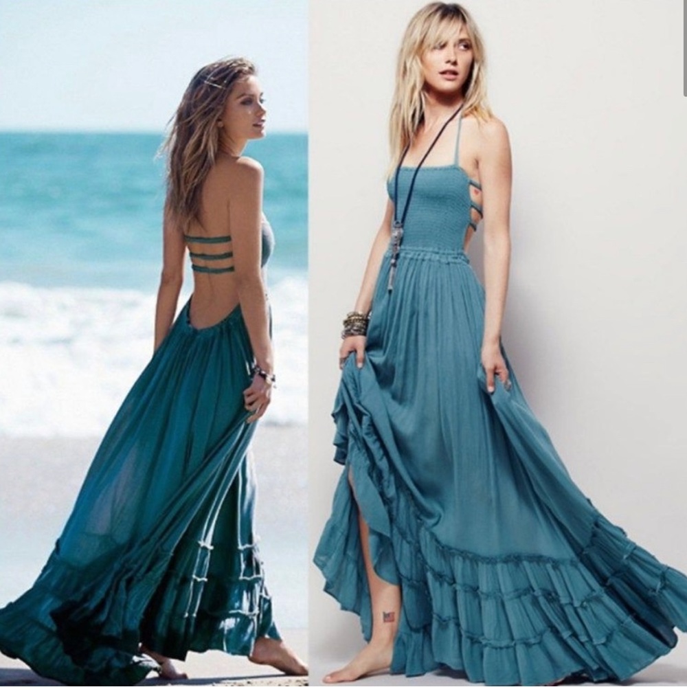Boho Mediterranean Blue Maxi Dress